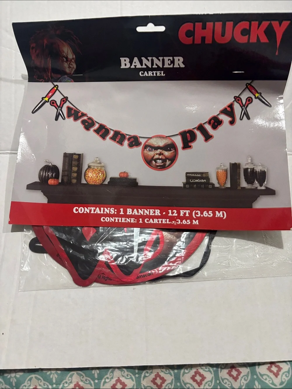 Chucky 'Wanna Play' Banner - Black and Red Halloween Party Decor